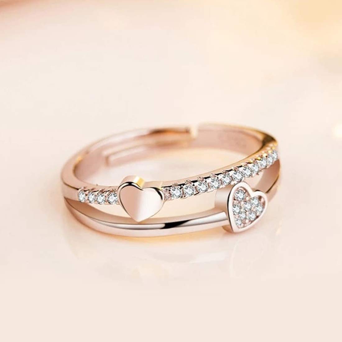 American Diamond Heart Rose Plated Ring