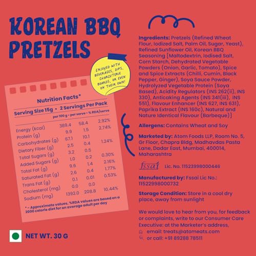 Image of Atom Eats Spicy Pretzels : Korean BBQ Pretzels 30g | Crunchy Namkeen, Chatpata Snack - Perfect for Travel, Parties, Movie Nights - Baked, Not Fried - Healthy Snacks, Wheat Flour, Korean BBQ Seasoning