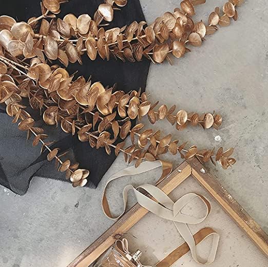 Image of Artificial Flower for Home Decoration Flower Bunch Long Size Stick Stem Eucalyptus Gingko Leaves Fake Plants Branches, Without Vase, 1 Piece, Golden