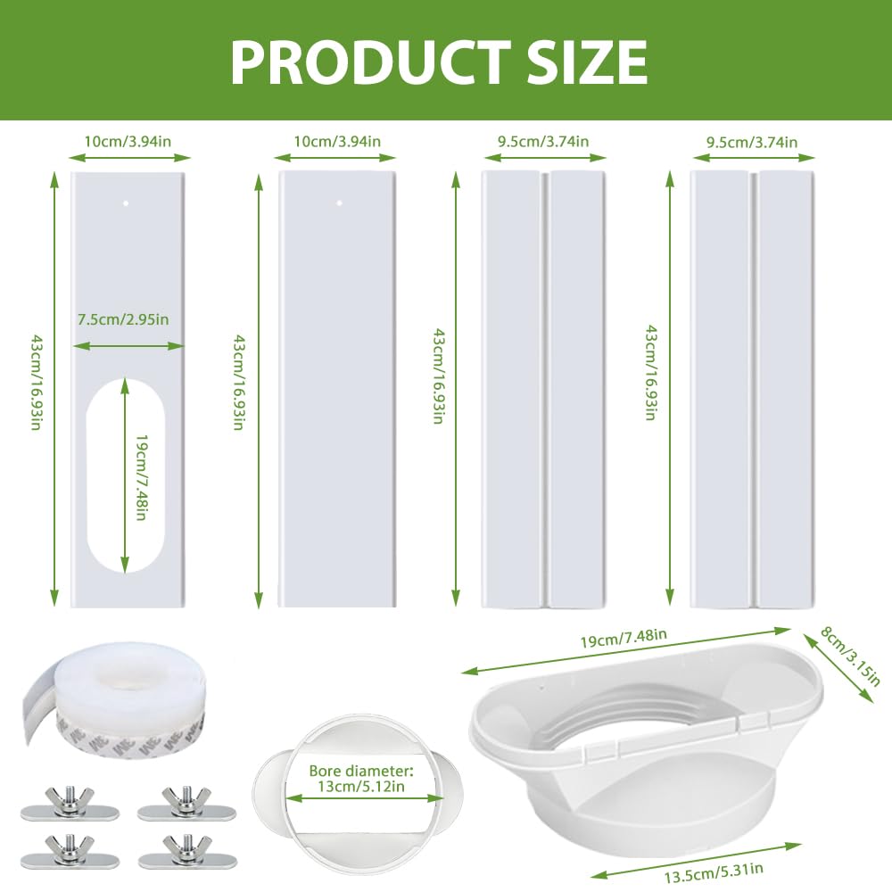 4Pcs Kit Ventana Aire Acondicionado Portátil, 10cm X 43-140cm con Tubo de Desagüe de 13cm, Placas de Sellado de Ventana Corredera de Aire Acondicionado Portátil