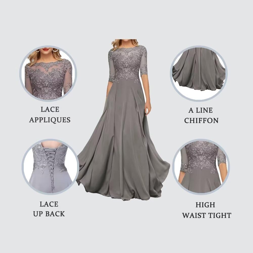Sincemeet Abito da Madre della Sposa in Chiffon di Pizzo da Donna Abito da Sera Formale con Maniche a 3/4 Un Abito da Ballo di Linea