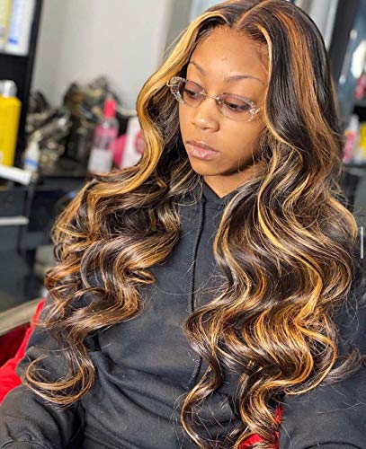 Daiqi Natural Looking Ombre Blonde Long Lace Front Wigs for White Women Dark Roots Ombre Blonde Lace Front Wig Straight Heat Resist Synthetic Hair Lace Front Blonde Wig 24inch(4.5'' Deep Side Part)