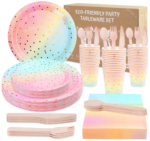 Anstore Loiça de Festa de Arco-Íris, 200 Loiça para Aniversário Infantil para Casamento, Natal, Piquenique, 25 Convidados Pratos de Papel inclui Prato, Colher, Garfo, Faca, Copos para Beber