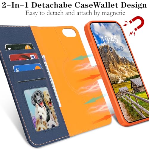 Image of Detachable Genuine Leather Case for iPhone SE 2020 /SE 2022 /7 /8 Wallet Case Magnetic 2in1 Removable Flip Cover Book Purse Compatible with Magsafe Charging Stand Card Holder-Navy Blue+Orange