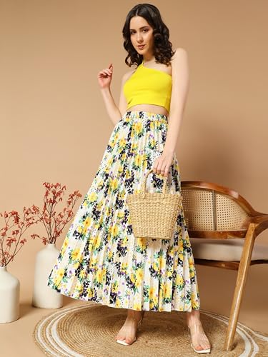 Image of KZULLY | Floral Printed Maxi Skirt | Comfortable Elastic Waist | Stylish Morden and Comfortable Looking | Fashionable and Modern Look Perfect for Any Event| Polyester, Crepe| for Women
