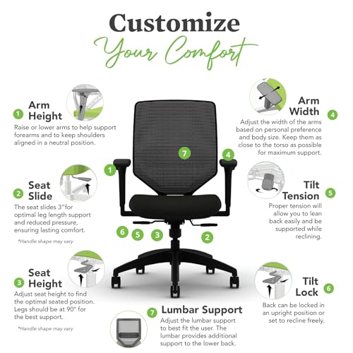 Image of HON Solve Mesh Back Office Chair with Adjustable Arms, Adjustable Height, Tilt Tension, Lumbar Support, Swivels, on Rolling Wheels, Midnight