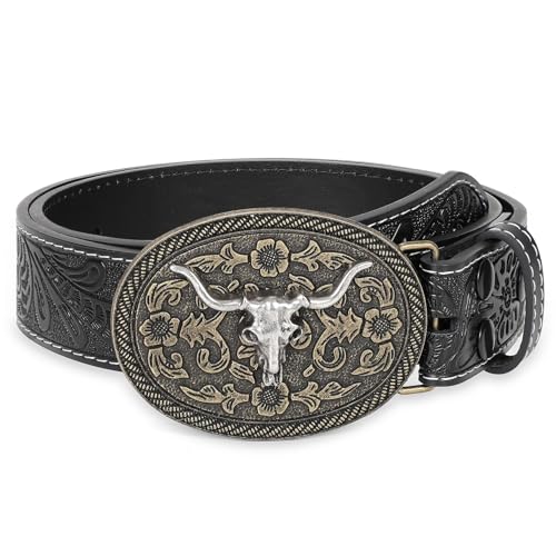 WHIPPY Mens Cowboy Belt Western Belts for Men Women with Engraved Floral Bull Head Buckle Western Leather Buckle Belt for Jeans Black-Silver 32-36
