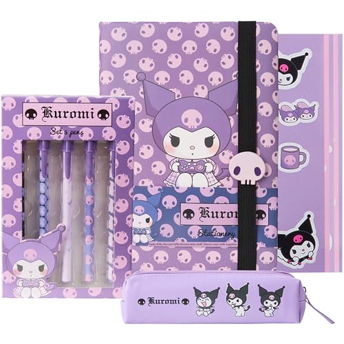 Get Trend Hello Kitty Kuromi Estojo de lápis, adesivos e canetas Kawaii, conjunto de papelaria para material escolar, escritório, anime, presentes para meninas (roxo Kuromi)