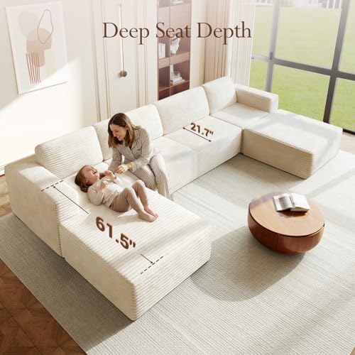 Image of Vesgantti 159 inch Large Modular Sectional Sofa, U-Shaped Corduroy Cloud Couch with Deep Seats & Spring Support, 4-Seater Boneless Sofa with 2 Movable Ottomans, No Assembly Needed, Beige