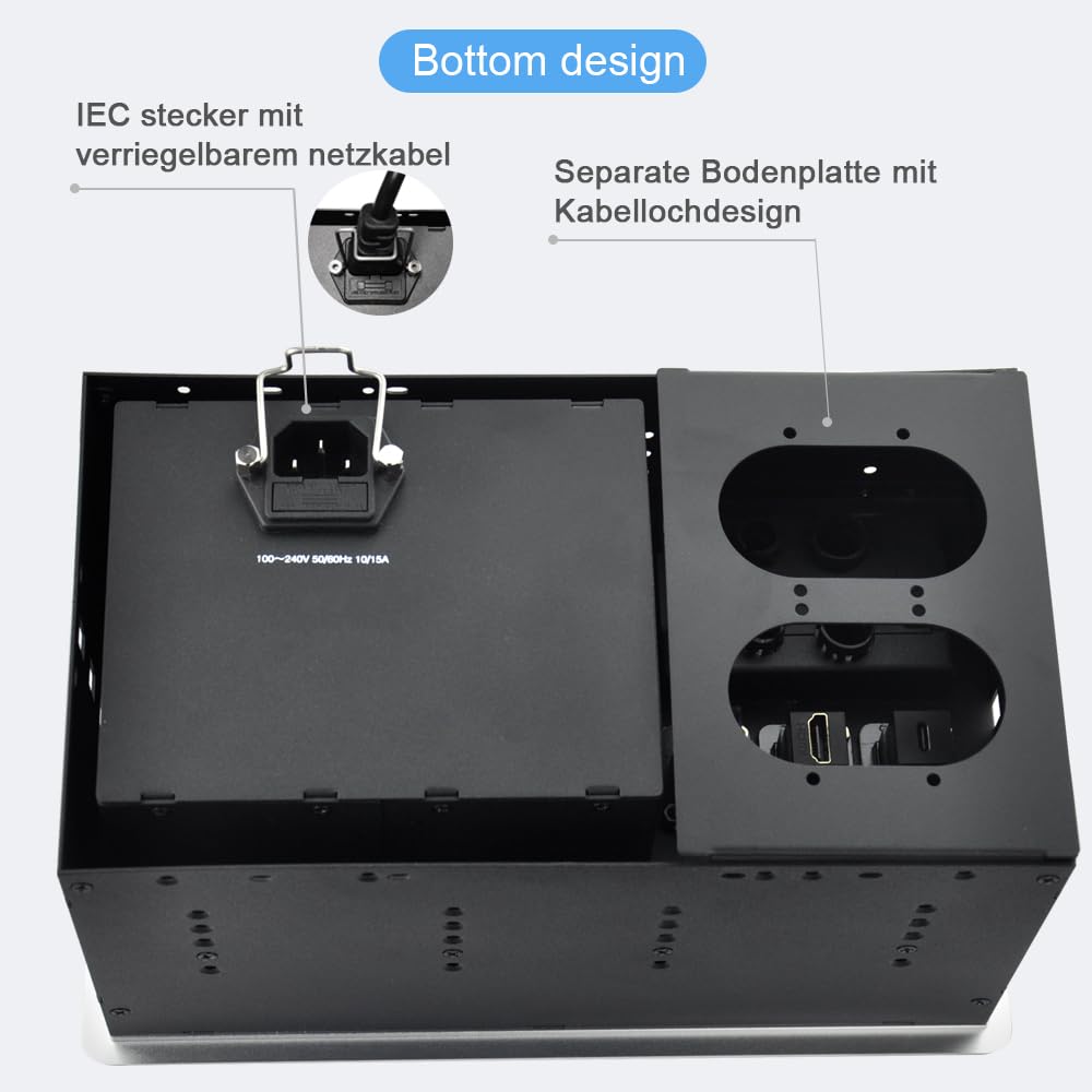 Gniazdko stołowe, aluminiowa listwa zasilająca, 2 x gniazdo Schuko, 1 x ładowarka USB-A+C (PD 65 W), 1 x kabel CAT6, 1 x HDMI, 1 x USB-C, 1 x kabel zasilający 1,7 m, 4 x uchwyt kablowy, gniazdo