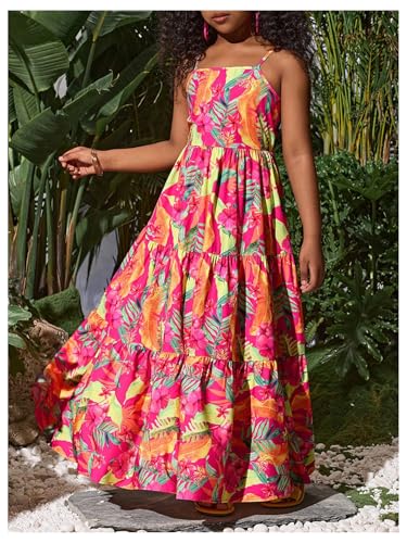 Girl's Cute Floral Cami Dress Tropics Hawaiian Boho Flowy Long Maxi Dresses Bow Back A Line Beach Summer Sundress3