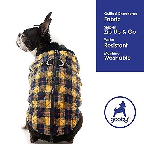 Image of Gooby Fashion Vest Check Dog Jacket, Yellow Check, Large | Checkered quilted bomber, water-resistant; Stretch knit bottom; Dual D-ring leash; Pain-free zipper guard