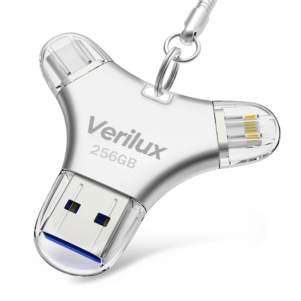 Verilux® Pendrive 256 GB, 4 in 1 Type C Pendrive with Light-ning, Micro USB, USB A, Type-C Port, Mini Hangable Pen Drive for iOS & Android Compatible with iPhone, iPad, Android, PC, White