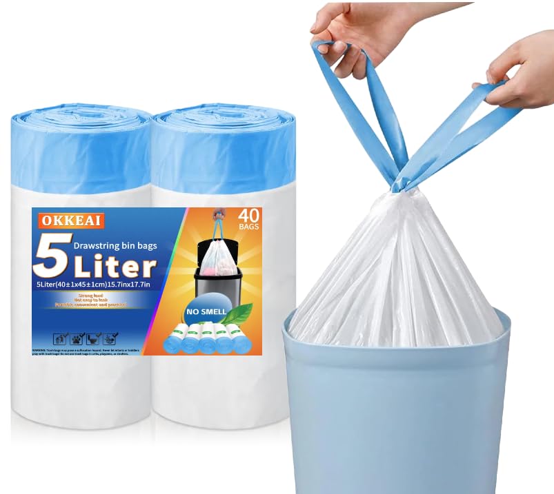 5l Bin Bags Small Bin Liner Drawstring Trash Bags Pedal Waste Liners with Tie Tap Handle Suitable for Bathroom Toilet Kitchen Fit 3L 4L 5L 6L garbage Bin(White 40 Bags)