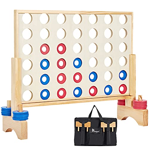 Image of Giant 4 in a Row Game, Wooden 2.8Ft Outdoor Yard Game for Family | New Zealand pine wood made, Non-toxic, 42 PE chips, Sturdy canvas bag. Backyard lawn game for family BBQ, tailgating, party