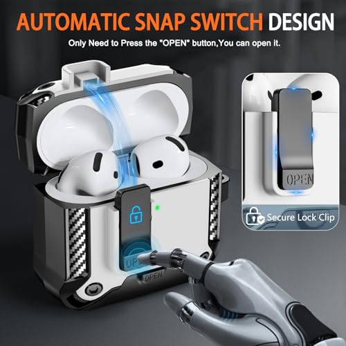 Image of for AirPods 4 Case with Lock & Phone Stand(White) | Automatic Snap Switch Lock,Carbon Fiber Texture Design Cover with Cleaner Kit