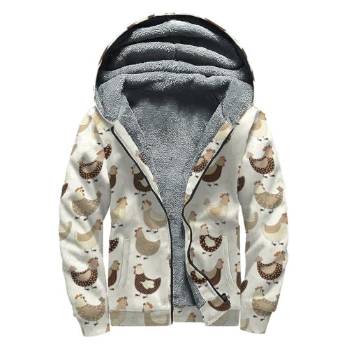 Sherpa Lined Zip Up Hoodie With Cute Chicken Pattern Print