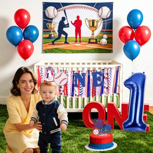 Image of Baseball Highchair Banner for Boys First Birthday Party Decorations | My 1st Rookie Year Baseball Fabric Banner for Boys Blue Red High Chair Banner for One Birthday Backdrop Decorations