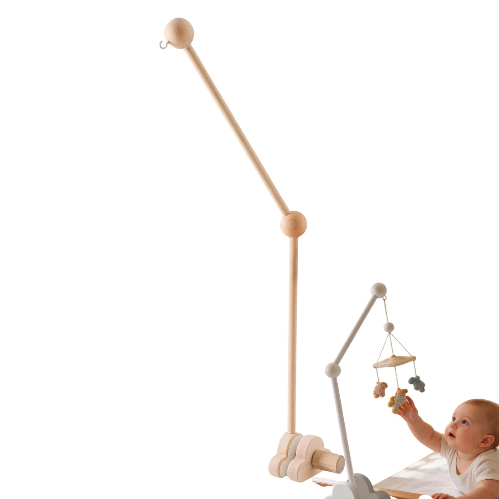 Wooden Cloud Crib Mobile Arm Holder, Non-Toxic Adjustable Detachable Hanger Cot Stand, for Baby Bed Stroller Changing Table, Hanging Bell Wind Chimes Plush Toys, Nursery Decoration Gift (Khaki)