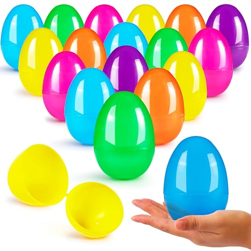 JOYIN 18 pièces Oeufs de Pâques 8cm, grands œufs en plastique remplissables, coquilles d'œufs vides colorées et lumineuses avec charnière pour la chasse...