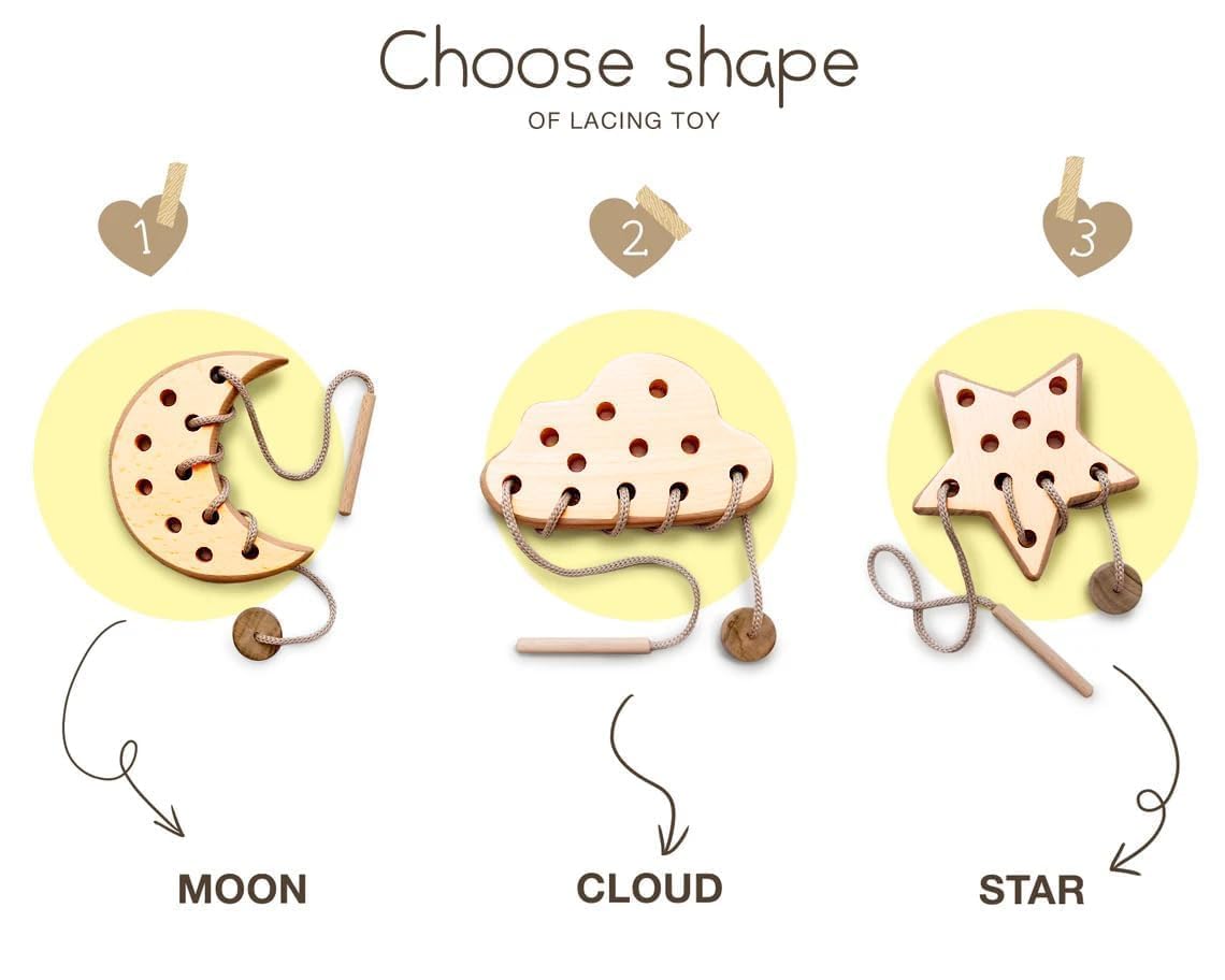 ANAIZA Wooden Lacing Toy for 2 Years Todller Skills Development Toy for Toddlers Montessori Materials for Learning Sewing Kit for Kids Montessori Toys (Beige, Moon,Star,Cloud) 2