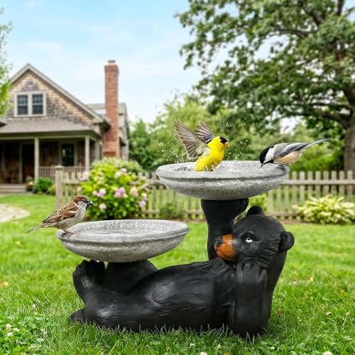 Image of SunJet 18 inch Fibre Reinforced Concrete Outdoor Birdbath, 2-Tier Black Bear Bird Bath & Bird Feeder, Bird Bath Garden Decor with Dual Basins for Patio, Backyard, Lawn