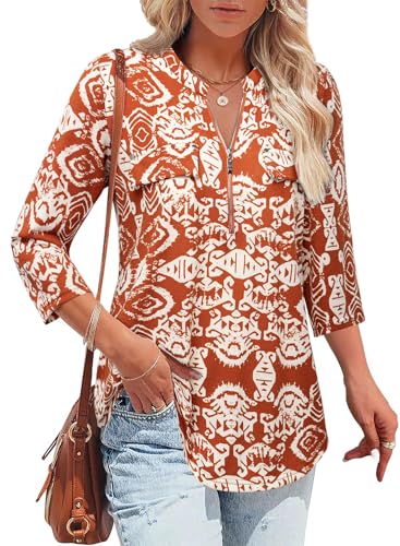Image of Bulotus Womens 3 /4 Sleeve Tops Plus Size V Neck Zipper Business Casual Blouses for Office & Going Out Soft Knit Tunics, M-3XL
