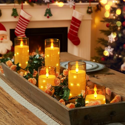 Image of Homemory Acrylic Flameless Candles with Embedded Star String Fairy Lights, Battery Operated Candle, LED Candles, Fake Candles with Remote Control and Timer for Halloween, Amber, Set of 5(H4 inch5 inch6 inch8 inch8 inch)