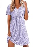 Ekouaer Nightgowns for Women Cotton Night Gowns Pleated Nightshirts Henley V Neck Sleepshirts Short Sleeve Sleepwear Purple & Blue Dots X-Large