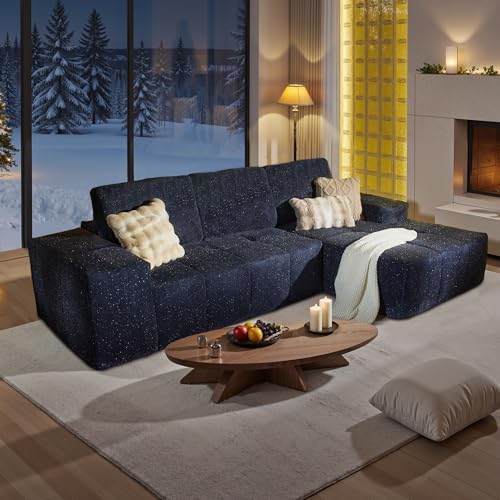Image of 114 inch Glitter Cloud Sectional Couch with L-Shape Chaise, Modern Boneless Couches for Living Room, Fluffy Tufted Deep Seat Modular Sofa in a Box No Assembly