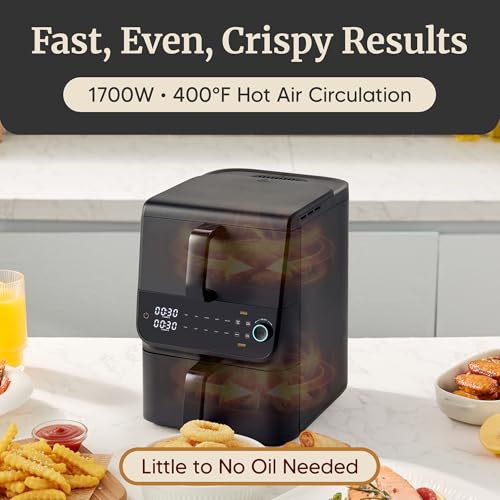 Image of Elite Gourmet EAF6535 Dual Stacked Air Fryer, 10.5Qt, 1700W, Black | Family Size - PFAS-Free Dishwasher-Safe Nonstick Baskets - Sync Cook & Finish - 10 Presets