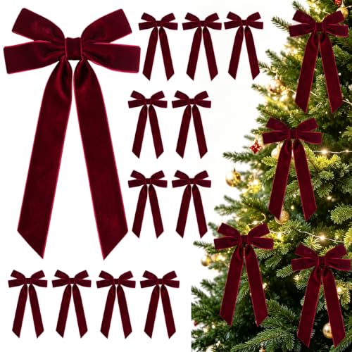 Burgundy Velvet Ribbon Bows For Christmas Tree, 12pcs Christmas Bows Decor - image 1