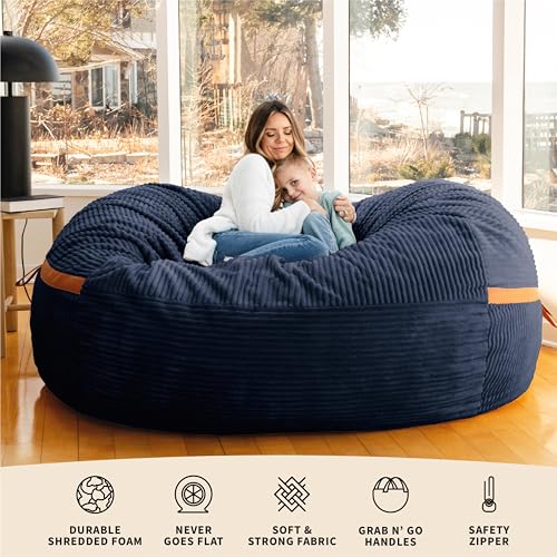 Image of Big Joe Fuf 8Ft Giant Foam Bean Bag Chair, Oversized Couch with Removable Cover for Kids, Teens, Adults, Midnight Blue Corded Plush, 8 Foot