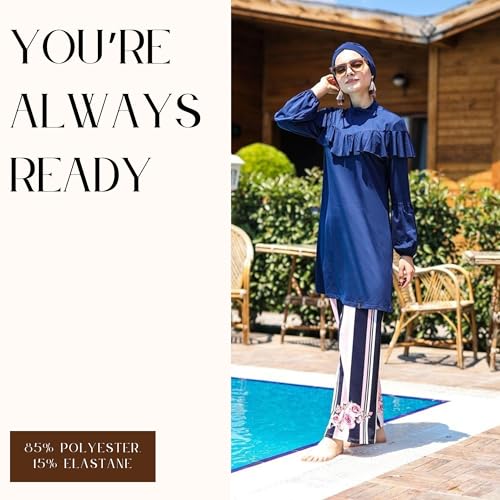 Islamic Full-Length Modest Swimsuit for Muslim Women | 4 PCS Burkini Set Top Pants Cap Bustier | Long Sleeve Rash Guard4