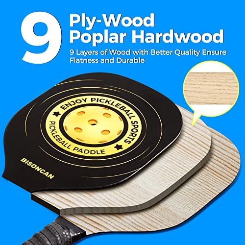 Bisoncan Pickleball Paddles - Pickleball Set Of 4 Wood Paddles, 8 Indoor & Outdoor Pickleball Balls, Set Of 4 Pickleball Rackets With Ergonomic Cushion Grip #TOP2