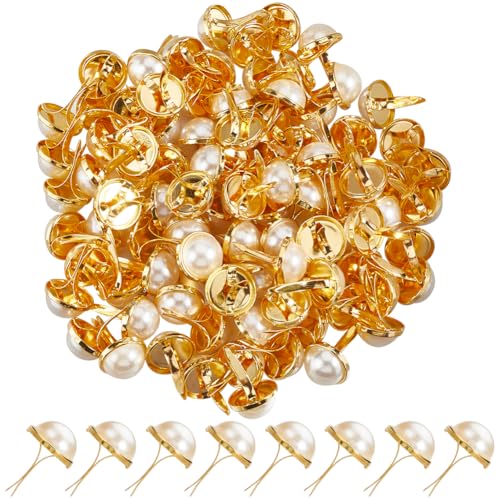 SUNNYCLUE 100Pcs Mini Metal Brads Pearl Brad Bulk Golden Iron Flat Round White Imitation Pearls Split Pins Paper Fastener Brads for Scrapbooking Card Making Wedding Decoration DIY Crafts Supplies