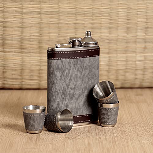 Image of Stainless Steel Hip Flask with Funnel & 4 Shot Glass for Men & Women, 9 oz (266 ml) Wine Whiskey Vodka Alcohol Drinks Pocket Bottle Beverage Holder (AR3783)