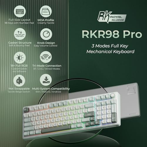 Image of RK ROYAL KLUDGE R98 Pro Wireless Mechanical Keyboard, Creamy Bluetooth /2.4GHz /Wired RGB Gaming Keyboard with Number Pad and Knob, MDA Profile PBT Keycaps, Gasket Hot Swappable Tactile Switch, Cyan