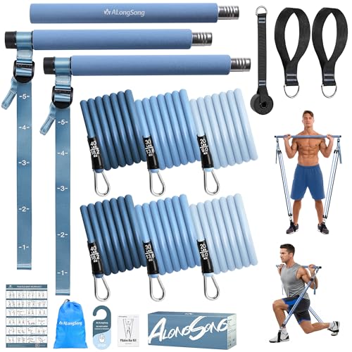 ALongSong Fitnessbänder Pilates Bar Set mit 6 Widerstandsbänder 20-180Lbs & Pilates-Stange, Griffe, Türanker für Fitness/Yoga/Kniebeugen/Stretching/Figurformung-Korallenrosa
