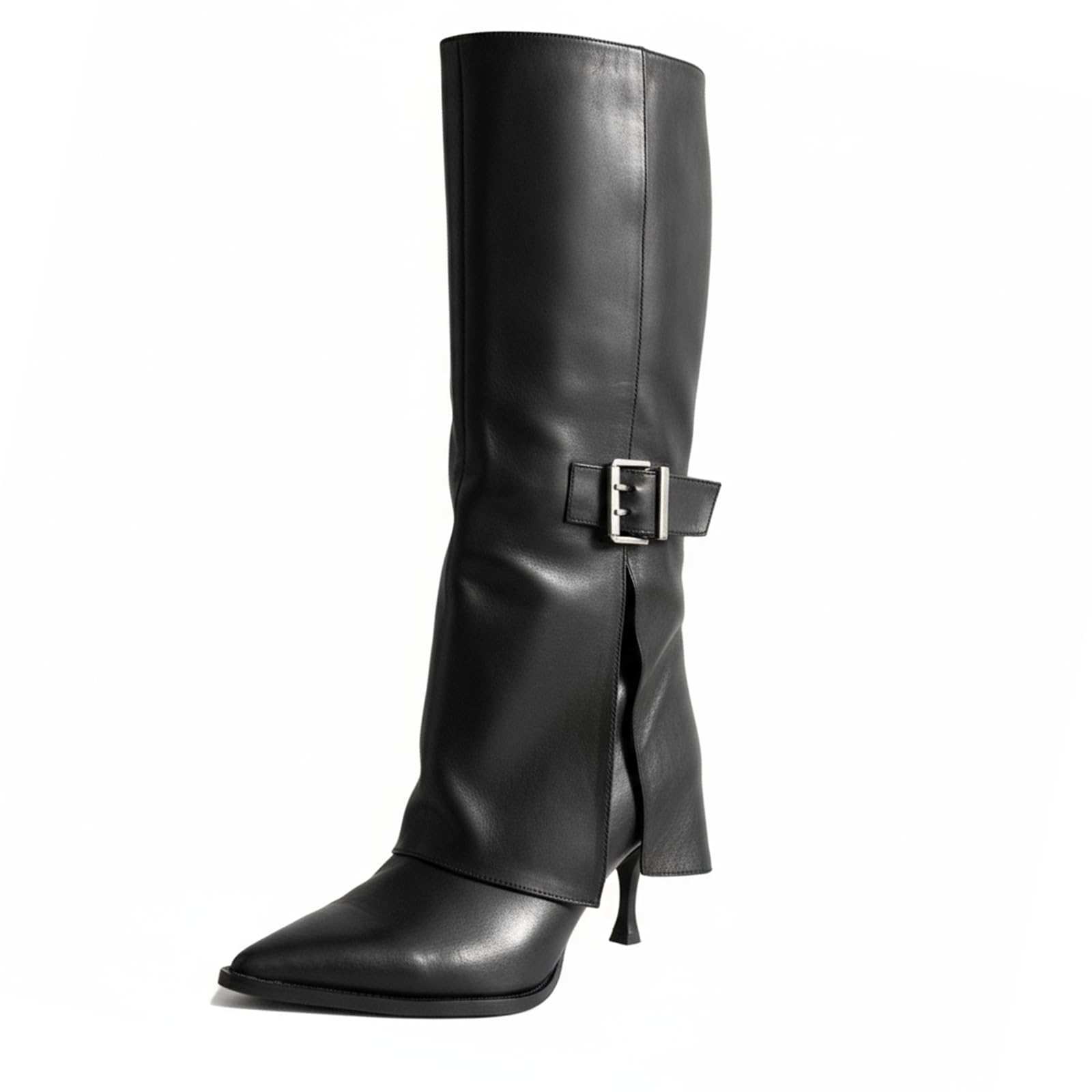 Womens Kitten Heel Pull On Knee Boots Elegant Pointed Toe Folding Fashion Low Heel Over The Knee Boots