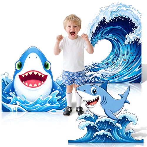 Image of 3 Pcs Shark Birthday Party Decorations Set, Huge Shark Ocean Wave Standee for Summer Ocean Baby Shower Party Under The Sea Photo Backdrop