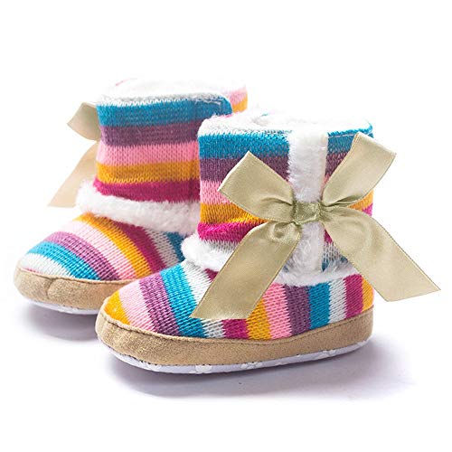 Baby Girl Walking Stripe Bow Knit Furry Warm Snow Boots Slippers Toddlers Shoes Infant Soft Nonslip Winter Fur Boots