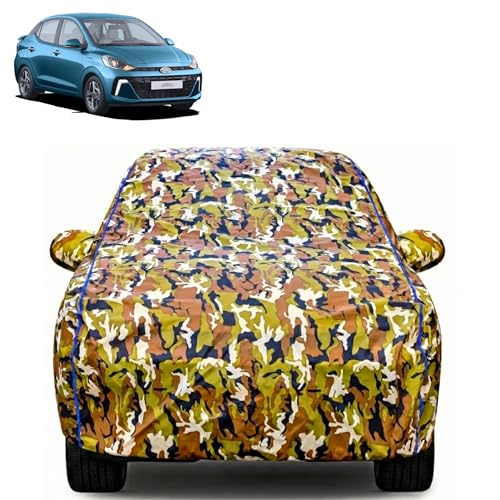 Image of Waterproof Car Body Cover for Hyundai Aura with Mirror Pocket| Cotton Inner Lining | Triple Stitched | All Weather Protection | Dust, UV & Rain Proof (Camouflage with Blue Piping)