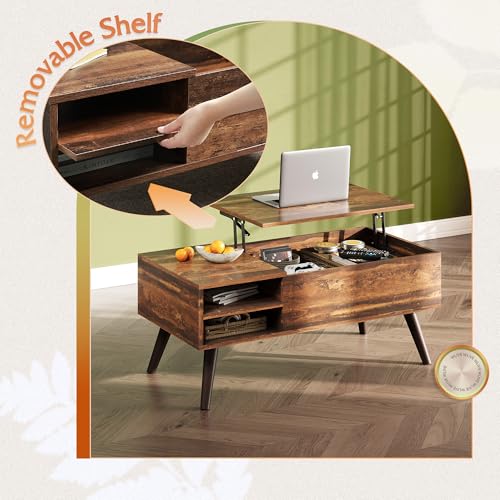 WLIVE Lift Top Coffee Table for Living Room,Small Coffee Table with Storage, Adjustable Shelf and Storage Compartment, Mid Century Modern Living Room Table, Wood, Rustic Brown - Image 7