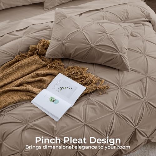 Image of Sasttie Queen Comforter Set, 7-Piece Bed in a Bag, Pintuck Bedding Sets for All Season, Includes Comforter, Flat Sheet, Fitted Sheet, Pillowcases and Pillowshams, Dark Linen