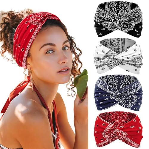 Kavya Haarband Damen Stirnband Damen 4er Pack – 7'' Extra Breit Haarbänder Dünn, Elastische Kopftuch Weiche Boho Mehrfarbig Headband, für Yoga, Kosmetik, Sport & Haarschmuck Sommer
