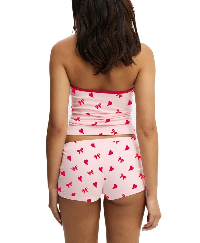 Image of Womens Y2K Cute Print Cami Pajama Sets Lace Trim V Neck Tank Top Shorts Set Bow Heart Print 2 Piece Sleepwear