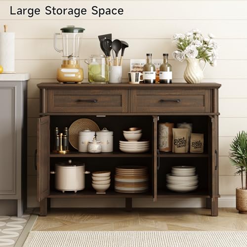 Image of ONBRILL 48 Inch Buffet Cabinet with Storage, Farmhouse Sideboard Buffet w /2 Drawers and 3 Doors, Wood Coffee Bar Cabinet with Adjustable Shelves, Sideboard Storage for Kitchen, Living Room, Brown