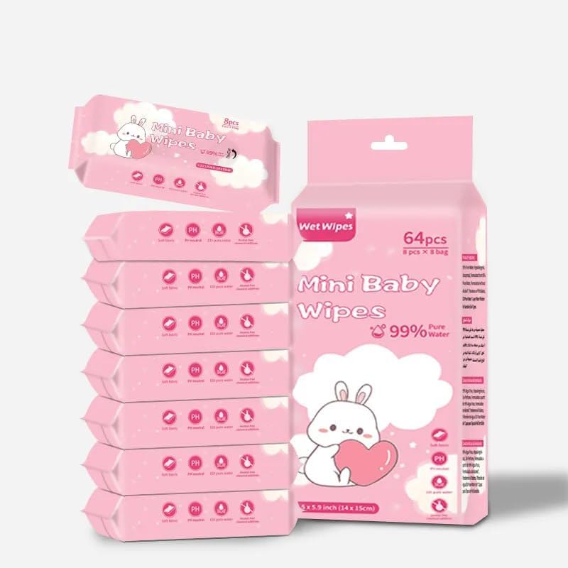 Chiransi Mini Baby Wipes Disposable Portable Pocket Water Wipes Baby Skin Care Wet Tissue Travel Children Baby Hand & Face Baby Sanitizing Cleansing/Moisturising Wipes For Fresh(64 Wipes X 1 Pack) (Baby Wipes, Medium)-image-13