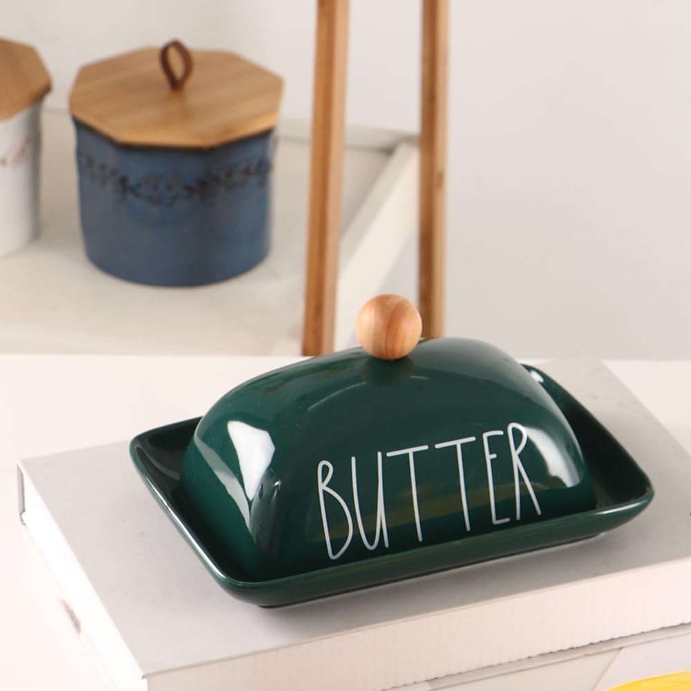 Recipiente pequeño para mantequilla con borde elevado, plato de mantequilla de porcelana, soporte para mantequilla para encimera, color verde